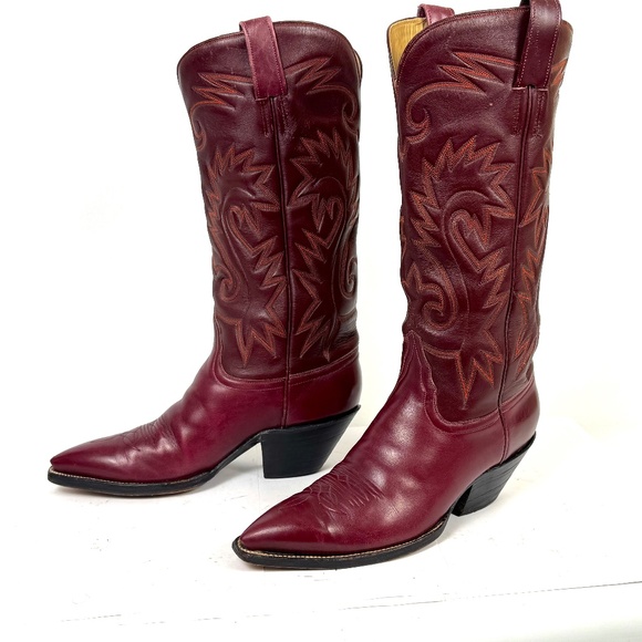 Handmade Austin-Hall Cowboy Boots - Wmns Sz 9B - Burgundy 14" Tall Pointy Toe - Picture 2 of 16
